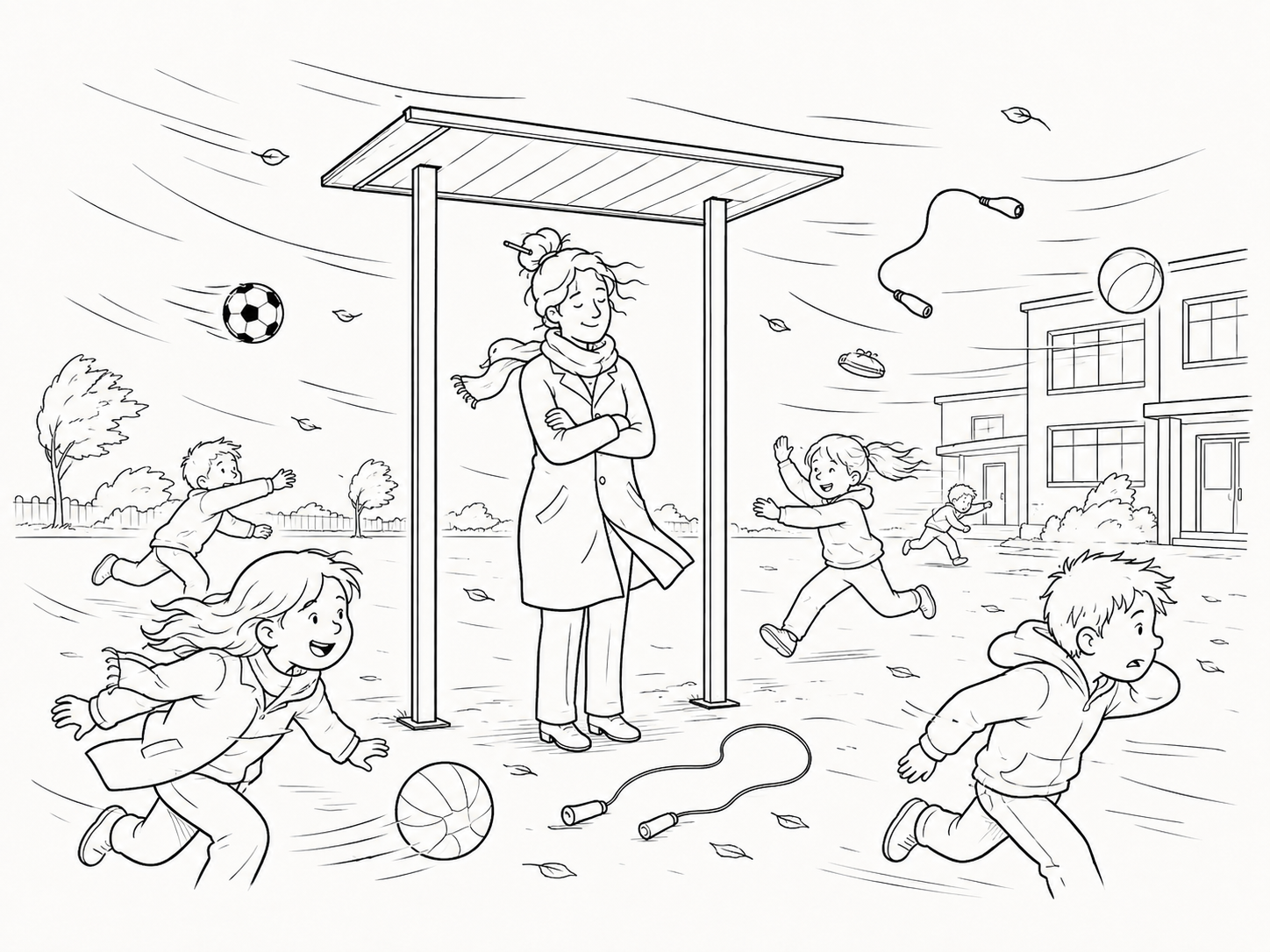 A teacher in a coat stands beneath the only small patch of shelter on a windy playground while balls and skipping ropes fly harmlessly around the scene.