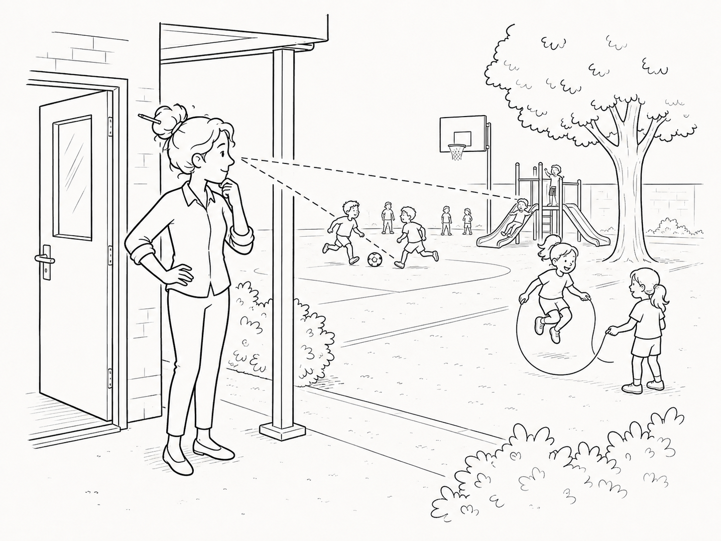 A teacher studies the playground and chooses a sheltered position with a clear view, close to the door but not obviously hiding.