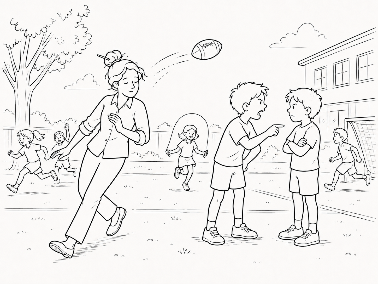A teacher walks calmly towards a minor disagreement while ducking a passing football without losing composure.