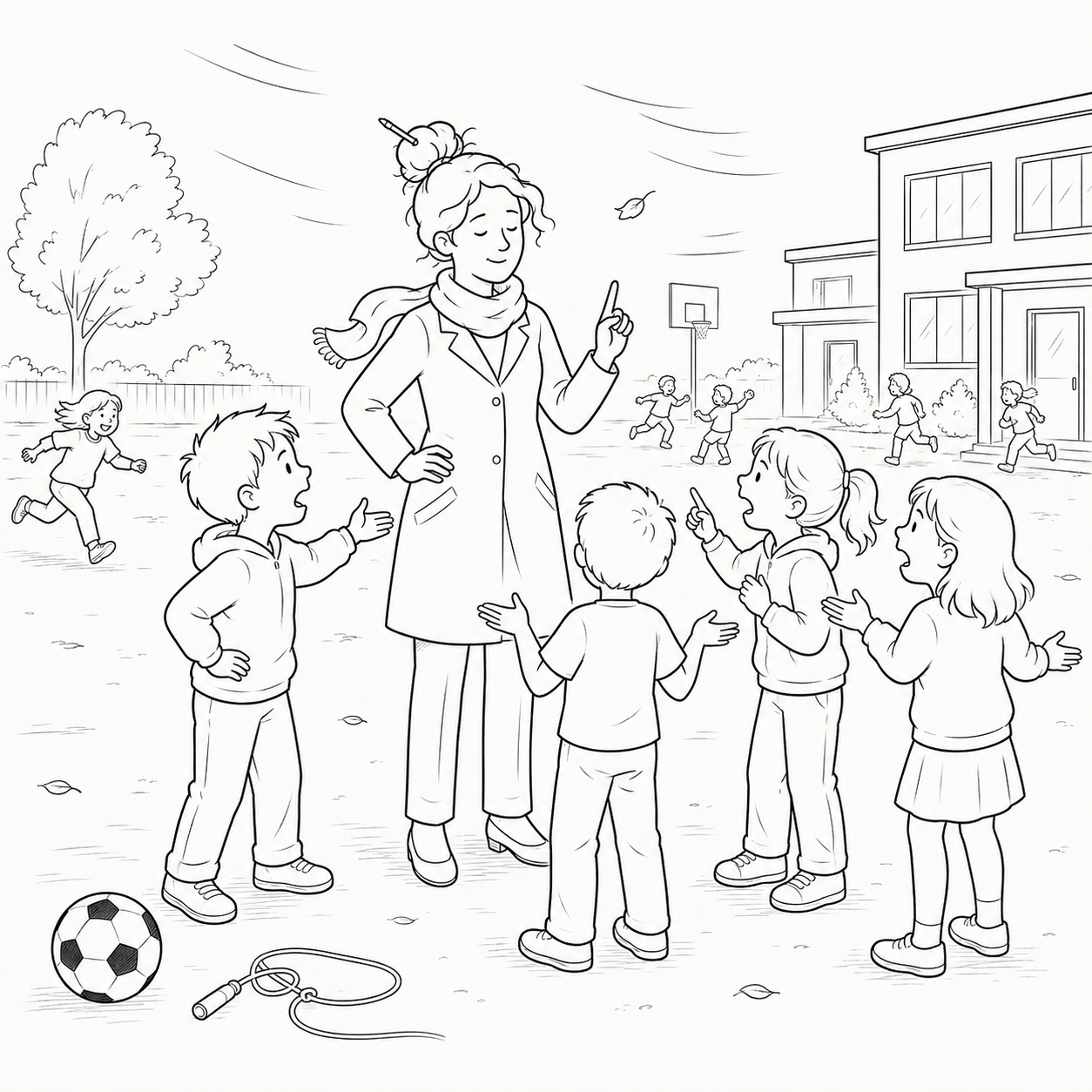 A teacher delivers one clear playground instruction while several pupils immediately offer conflicting versions of events.